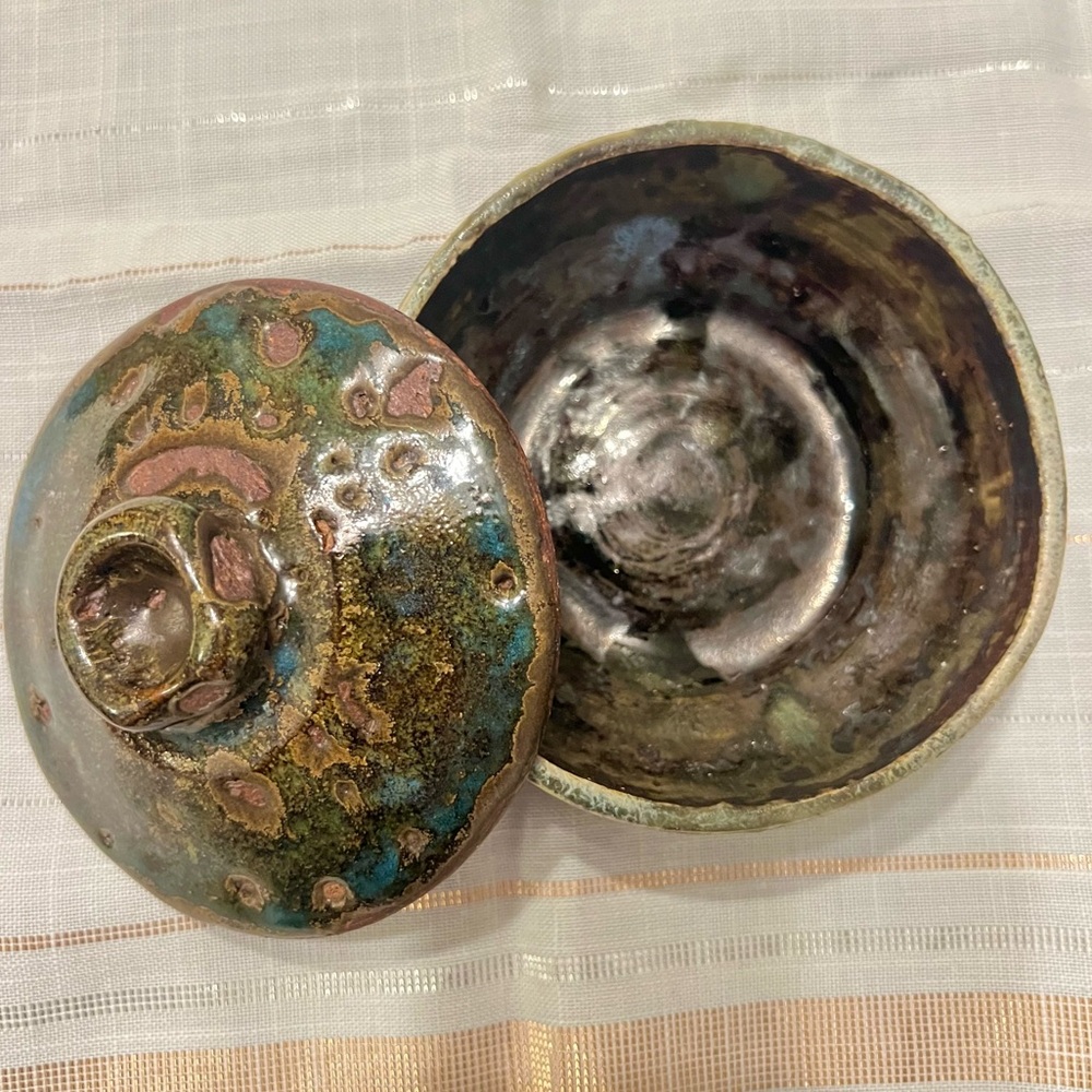 Vintage STUDIO POTTERY Lidded Trinket Dish Signed SUSANNE Rustic Teal & Copper
